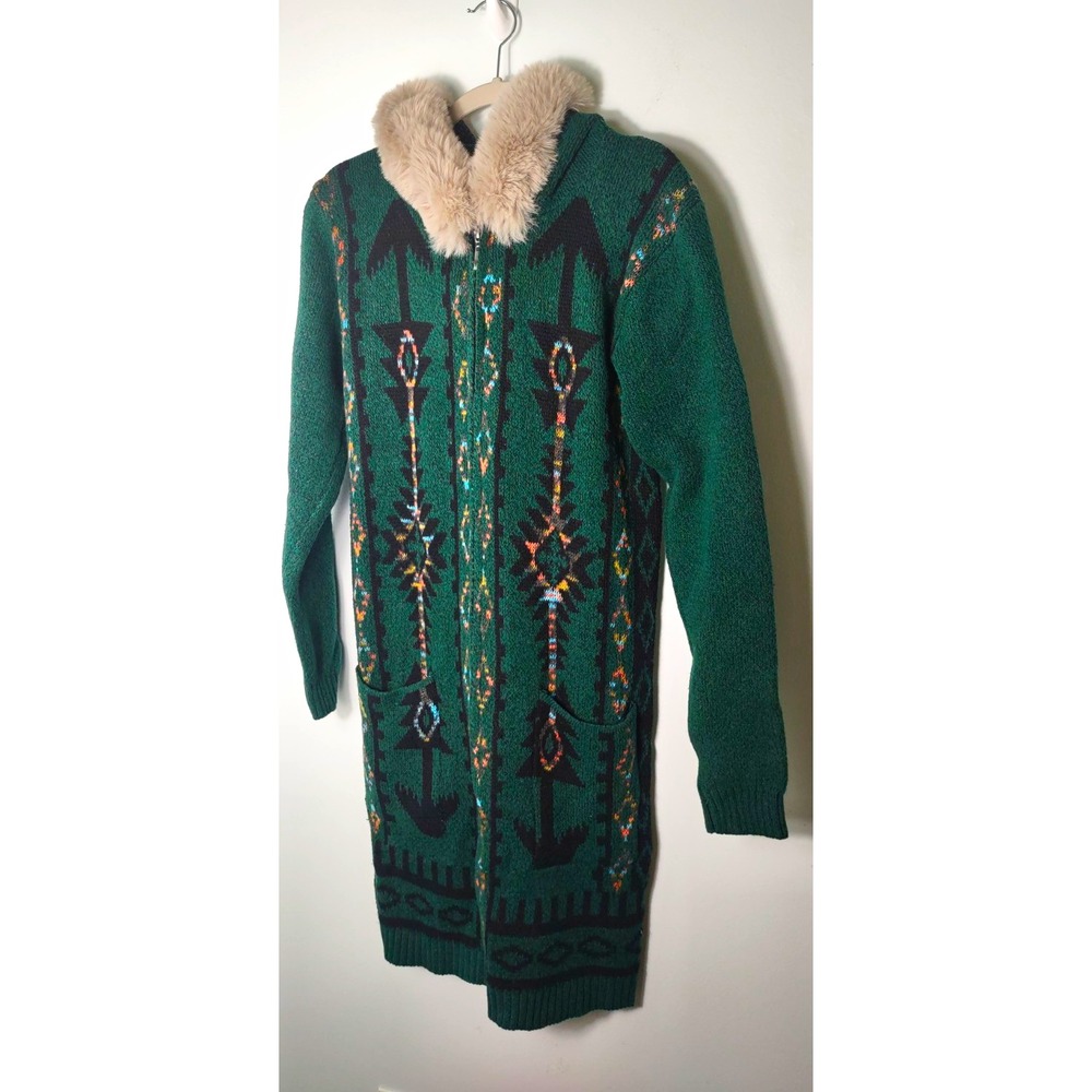 Women's long Western Sweater Geometric Knit Full Zip Faux Fur Cardigan S NWT